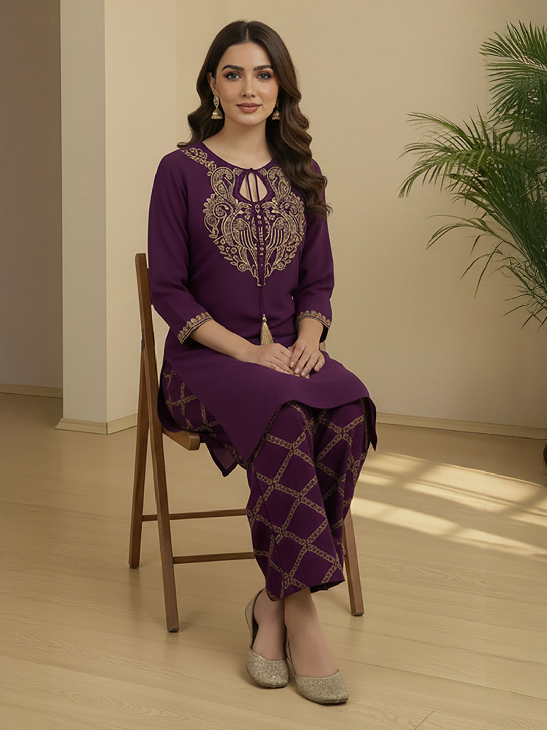 Janasya Purple Straight Rayon Blend Pant Co-ord Sets - Dista