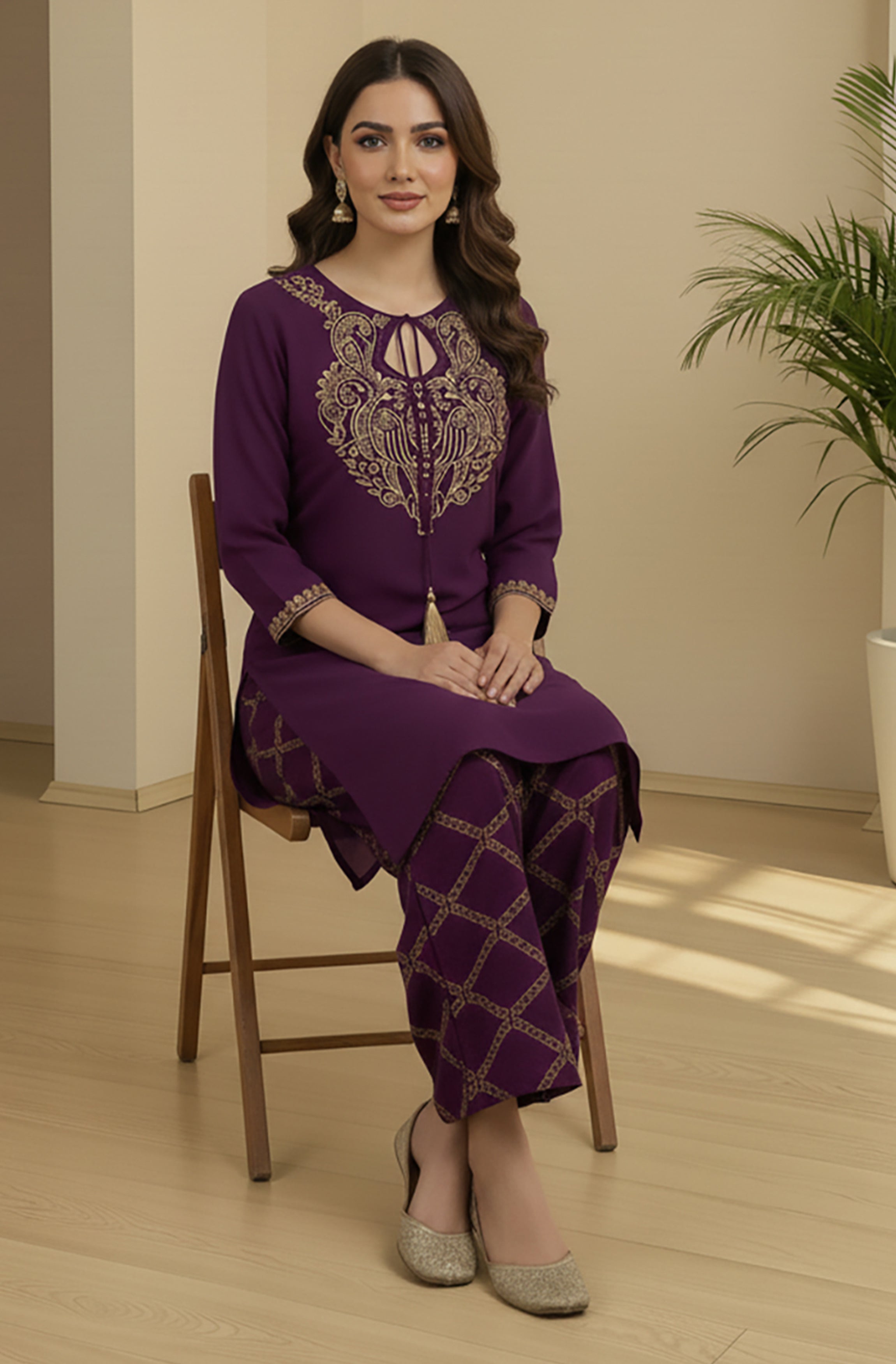Janasya Purple Straight Rayon Blend Pant Co-ord Sets - Dista