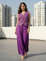Thumbnail for Janasya Purple Straight Silk Blend Pant Co-ord Sets - Dista
