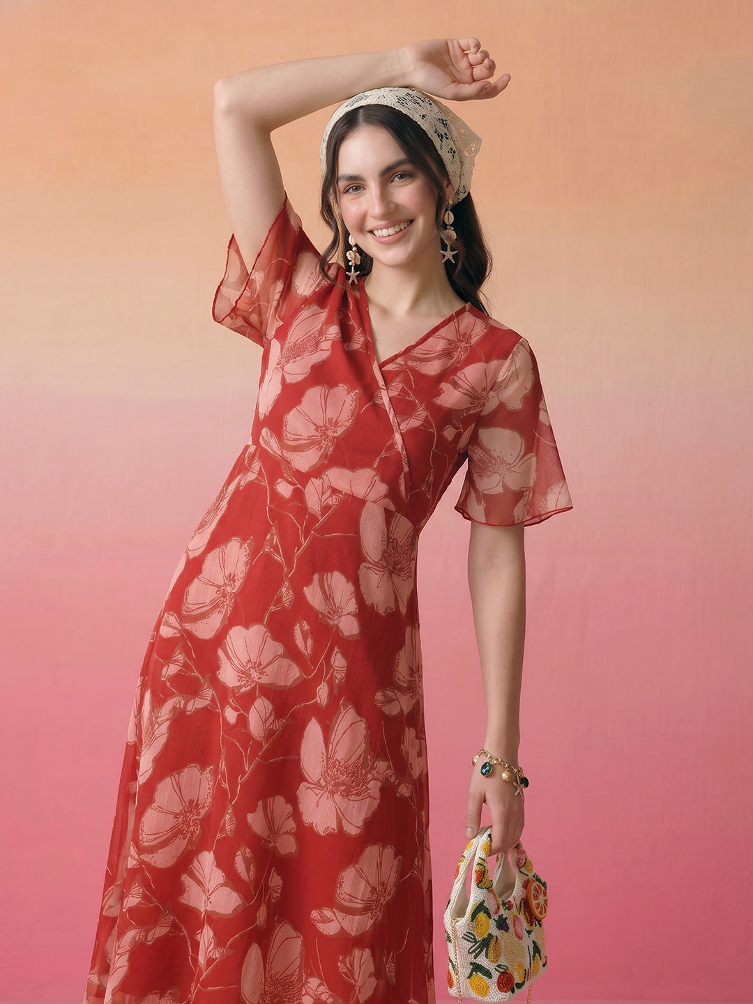 Janasya Rust A-Line Chiffon Dress
