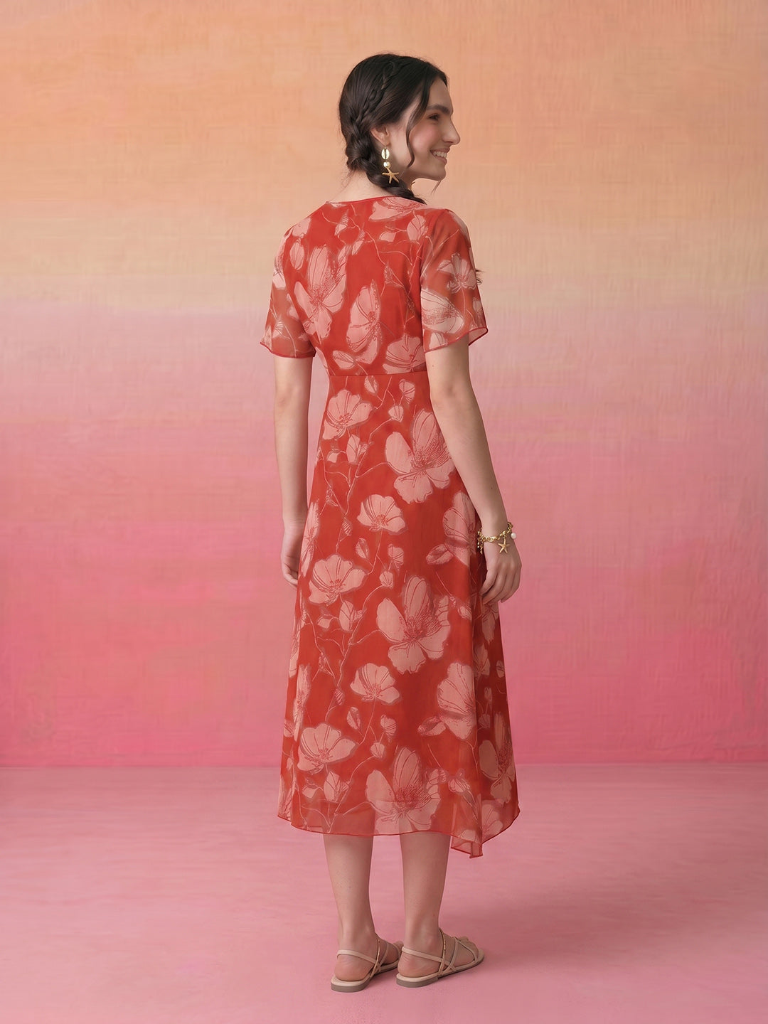 Janasya Rust A-Line Chiffon Dress - Dista