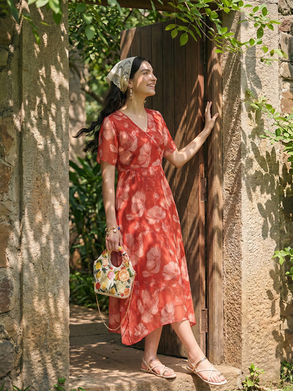 Janasya Rust A-Line Chiffon Dress - Dista