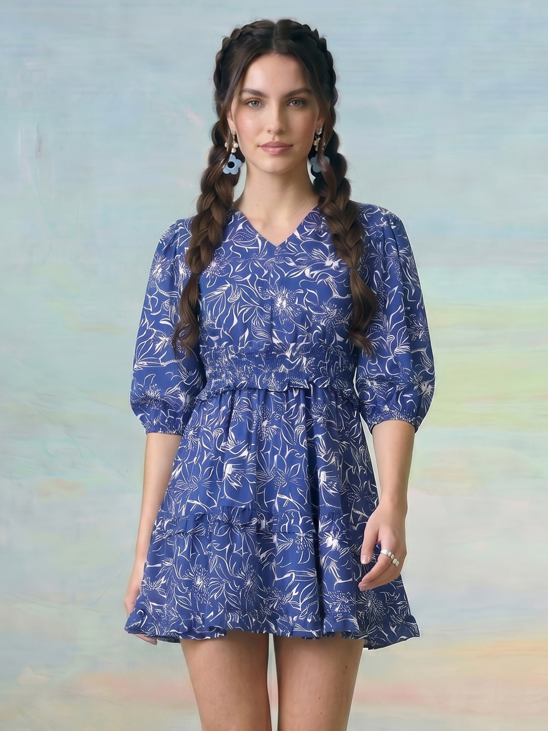 Janasya Blue Fit & Flare Rayon Blend Dress - Dista