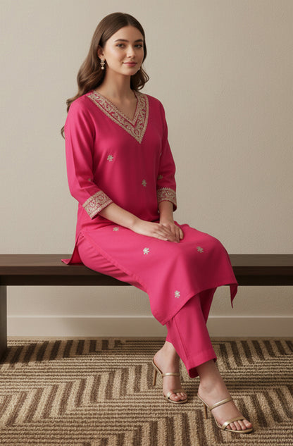 Janasya Pink Straight Silk Blend Kurta & Bottom - Dista