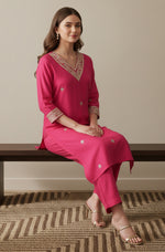 Thumbnail for Janasya Pink Straight Silk Blend Kurta & Bottom - Dista