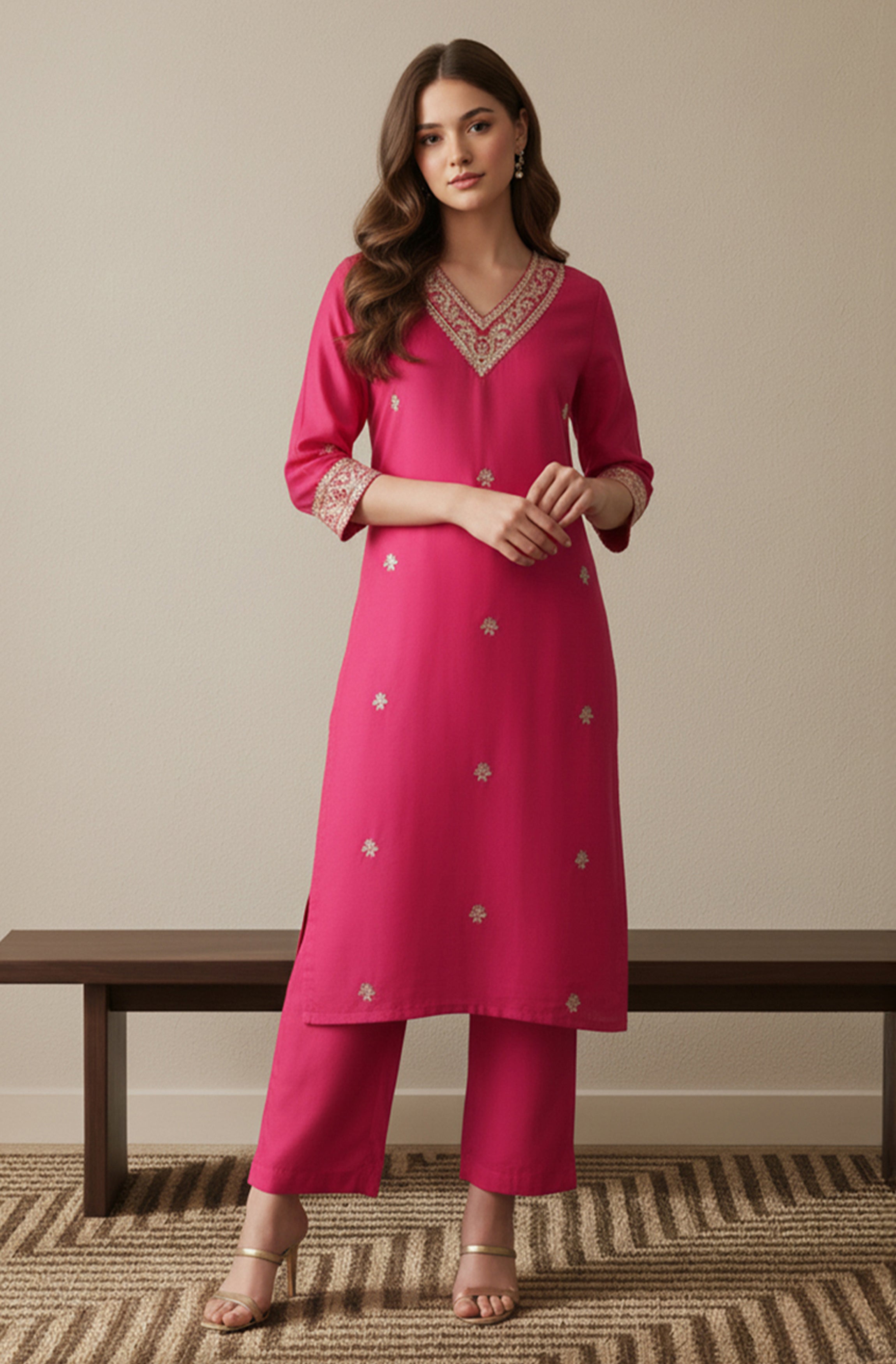 Janasya Pink Straight Silk Blend Kurta & Bottom - Dista
