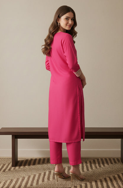 Janasya Pink Straight Silk Blend Kurta & Bottom - Dista