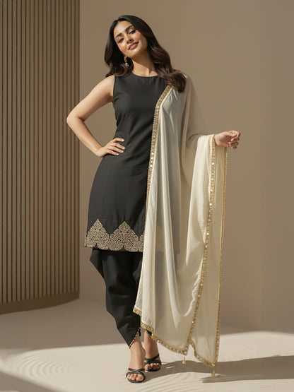 Janasya Black A-Line Silk Blend Kurta,Bottom & Dupatta - Dista