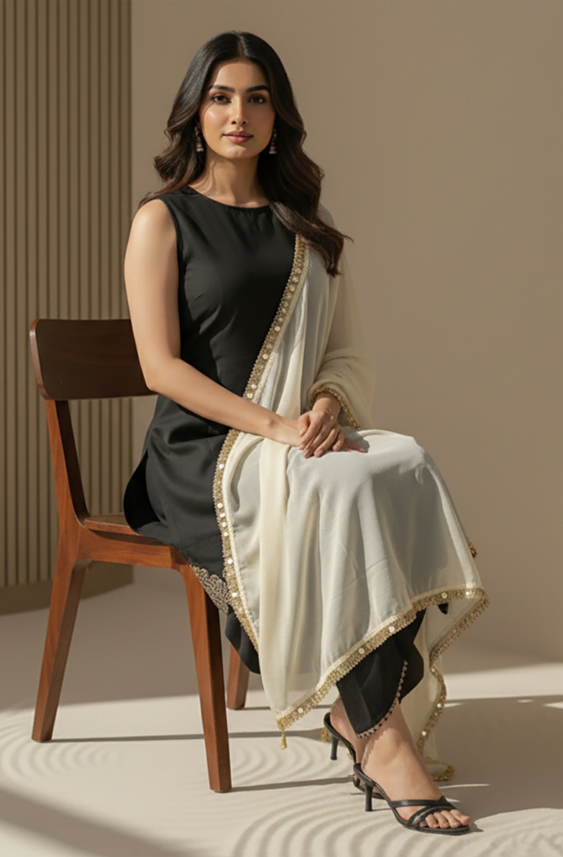 Janasya Black A-Line Silk Blend Kurta,Bottom & Dupatta - Dista