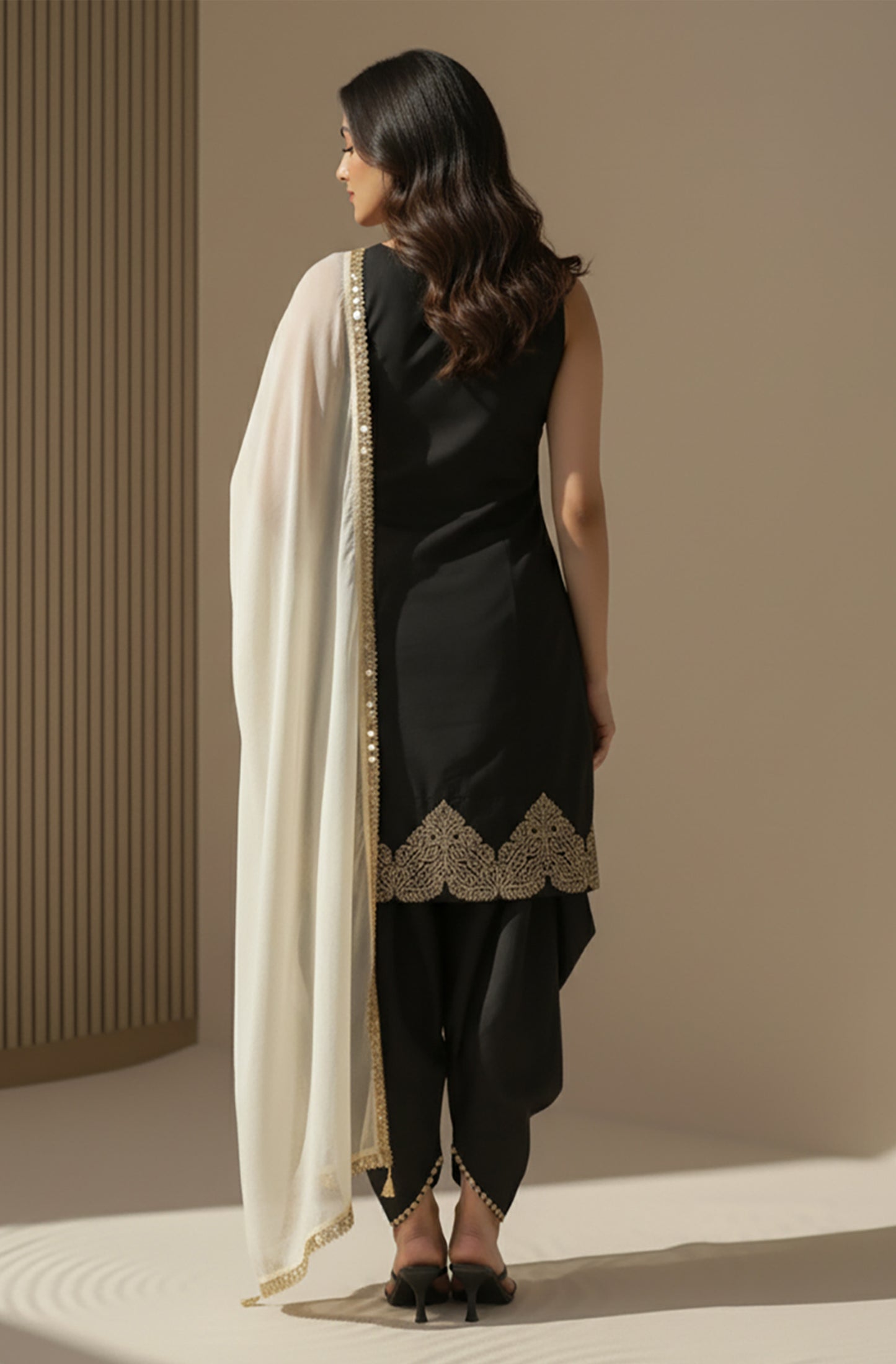 Janasya Black A-Line Silk Blend Kurta,Bottom & Dupatta - Dista