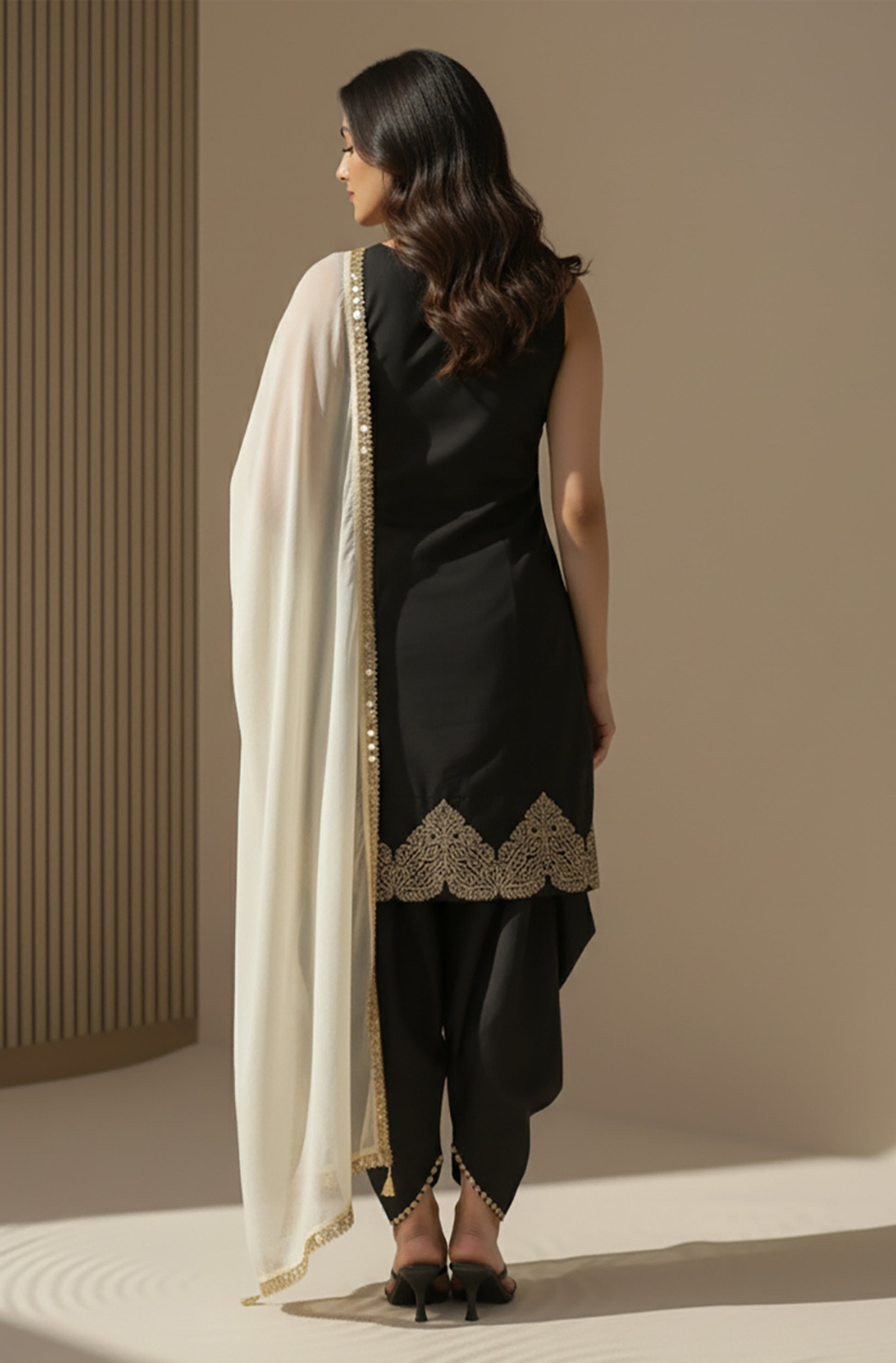Janasya Black A-Line Silk Blend Kurta,Bottom & Dupatta - Dista