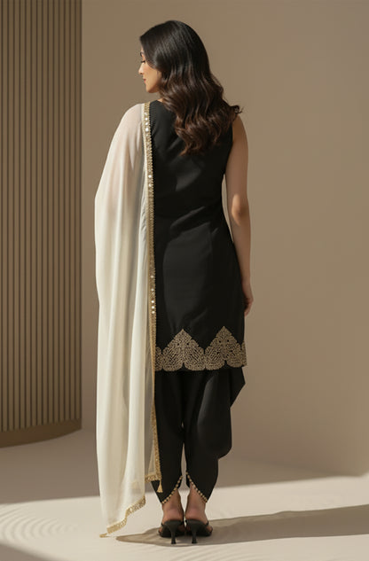 Janasya Black A-Line Silk Blend Kurta,Bottom & Dupatta - Dista