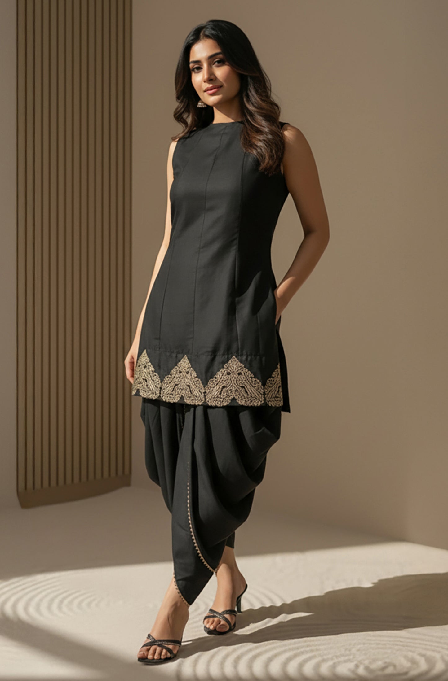 Janasya Black A-Line Silk Blend Kurta,Bottom & Dupatta - Dista