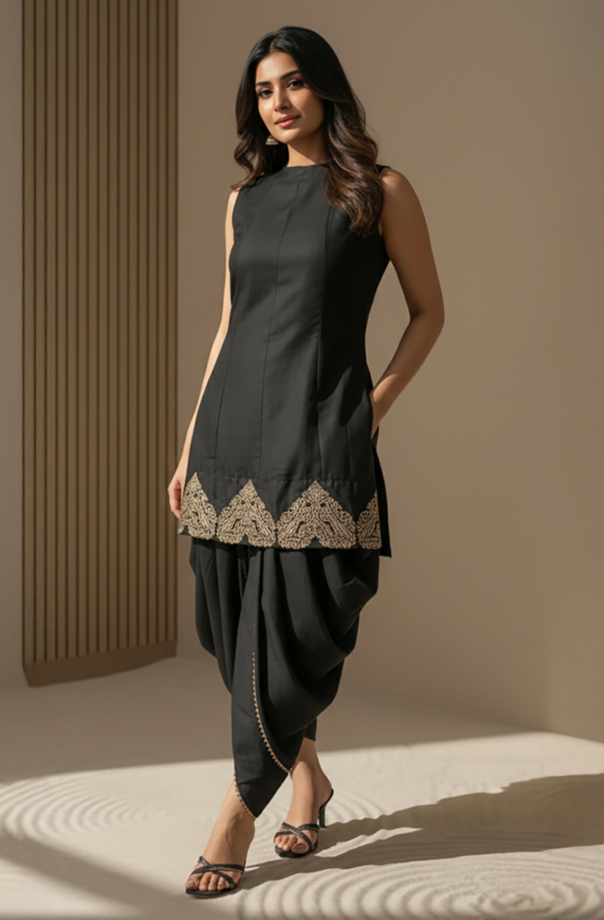 Janasya Black A-Line Silk Blend Kurta,Bottom & Dupatta - Dista