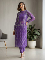 Thumbnail for Janasya Purple Straight Georgette Kurta, Bottom & Inner - Dista
