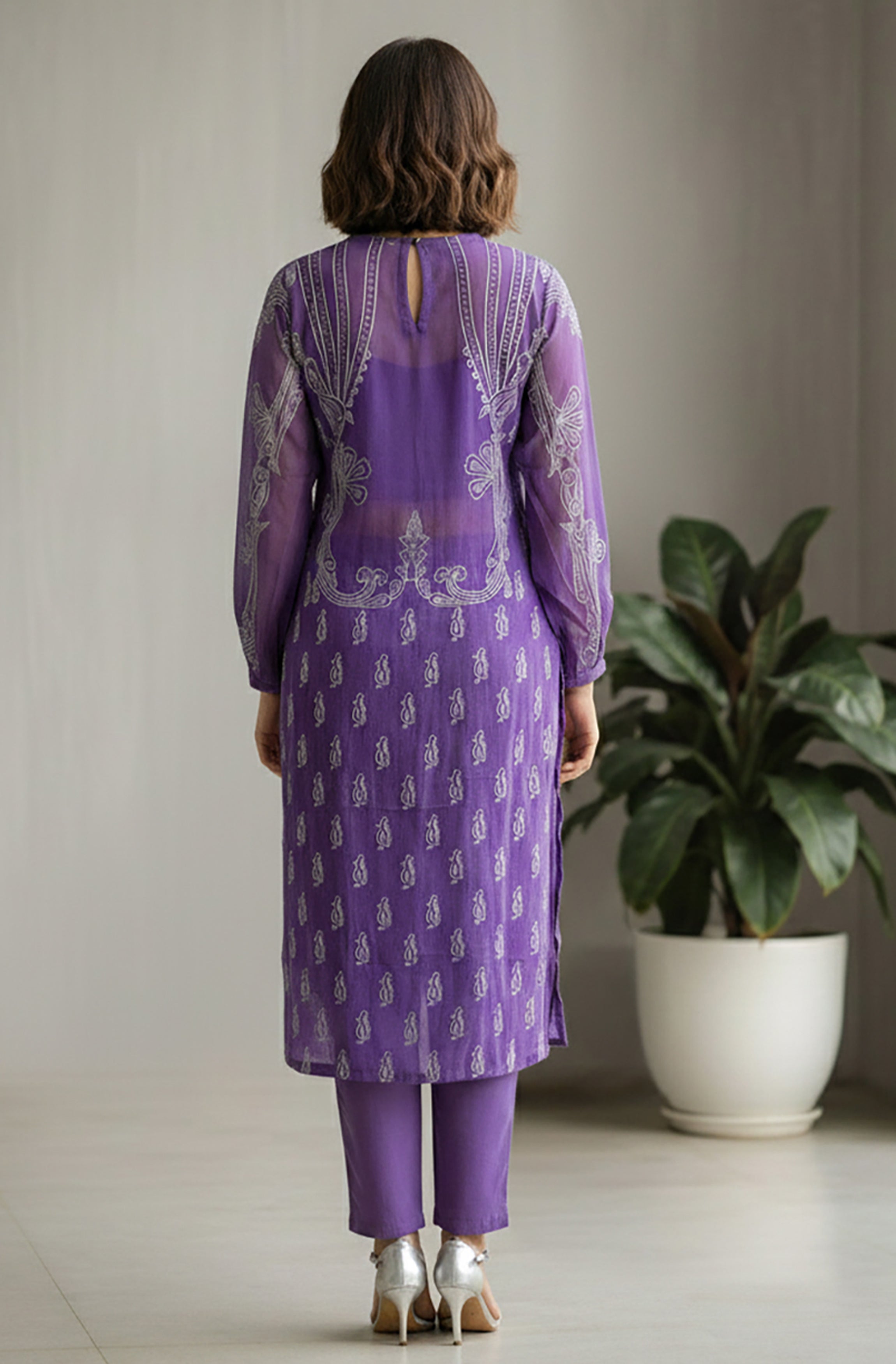 Janasya Purple Straight Georgette Kurta, Bottom & Inner - Dista