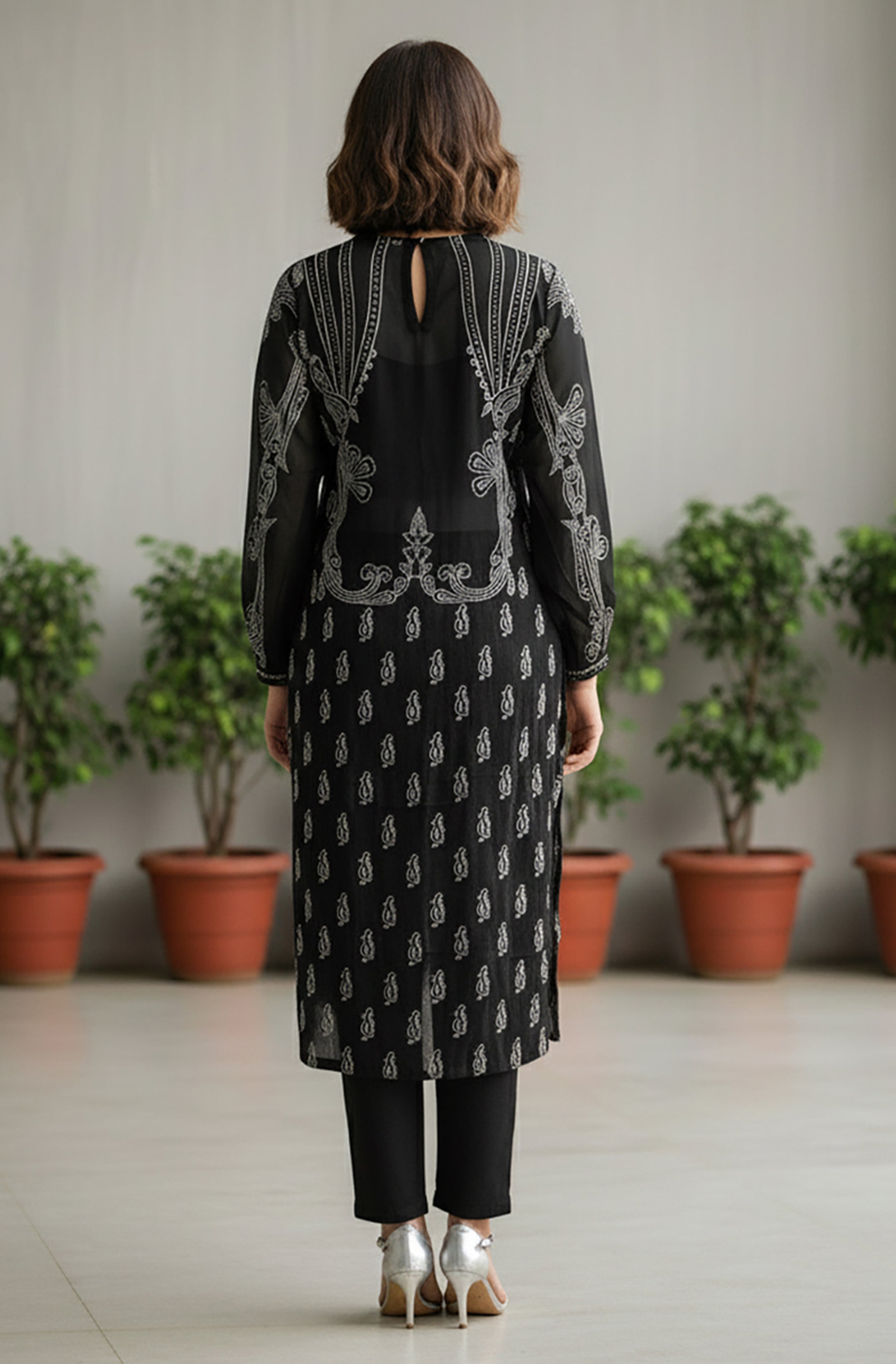 Janasya Black Straight Georgette Kurta, Bottom & Inner - Dista