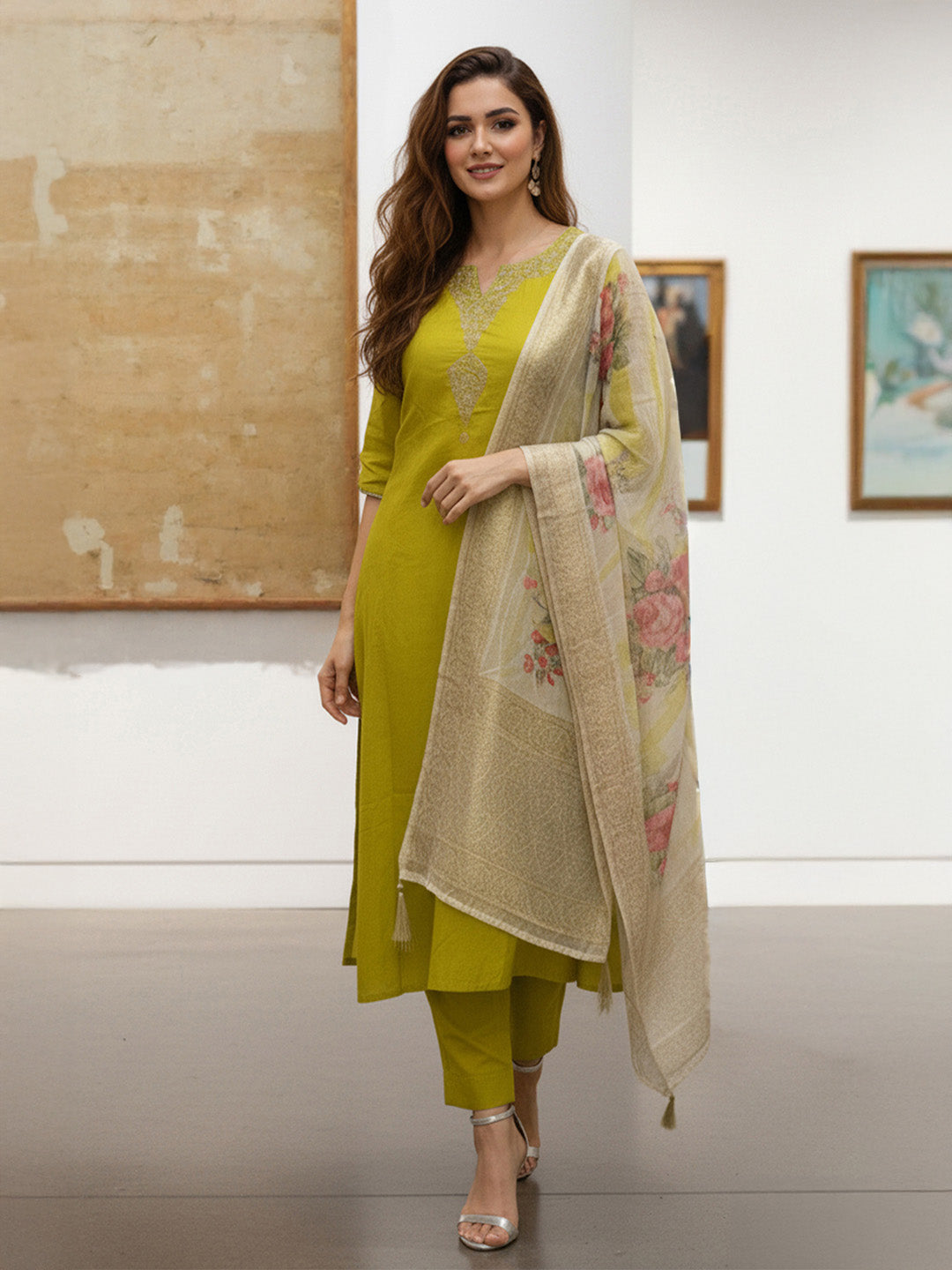 Janasya Lime Anarkali Silk Blend Kurta,Bottom & Dupatta - Dista