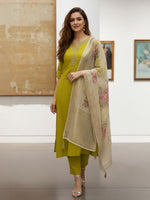 Thumbnail for Janasya Lime Anarkali Silk Blend Kurta,Bottom & Dupatta - Dista