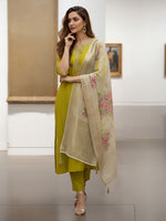 Thumbnail for Janasya Lime Anarkali Silk Blend Kurta,Bottom & Dupatta - Dista