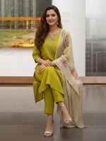 Thumbnail for Janasya Lime Anarkali Silk Blend Kurta,Bottom & Dupatta - Dista