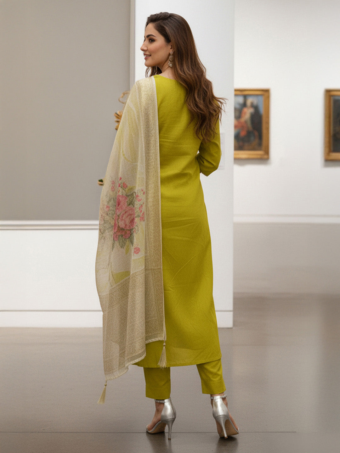 Janasya Lime Anarkali Silk Blend Kurta,Bottom & Dupatta - Dista