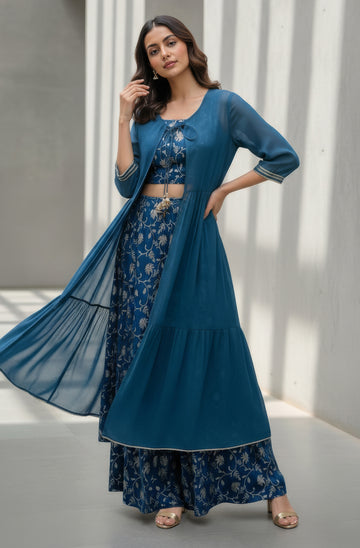 Janasya Teal Crop Silk Blend Top,Bottom & Jacket - Dista