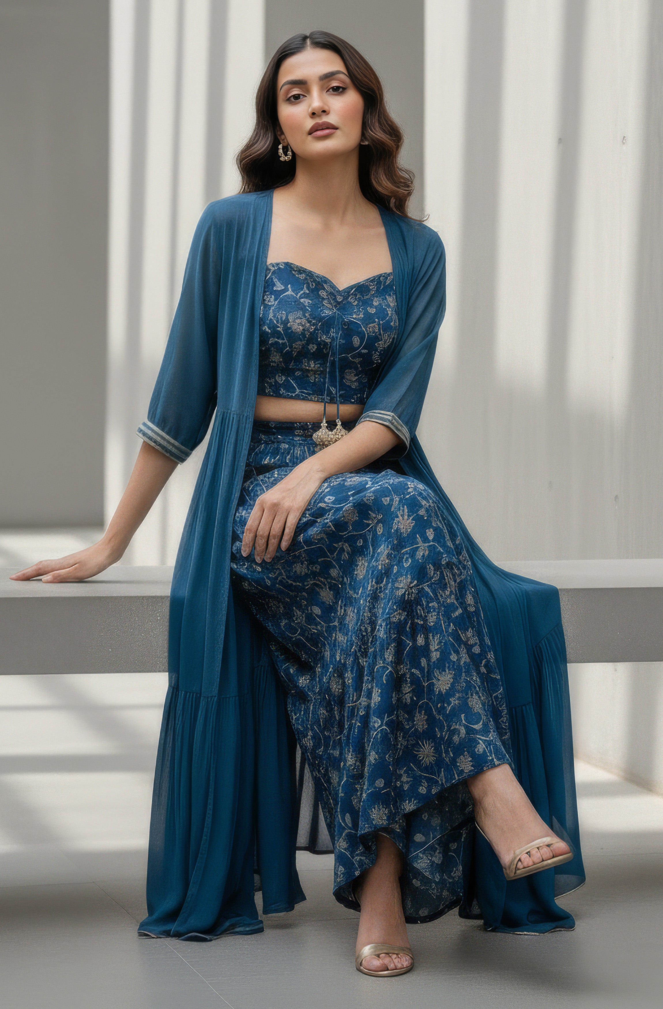 Janasya Teal Crop Silk Blend Top,Bottom & Jacket - Dista