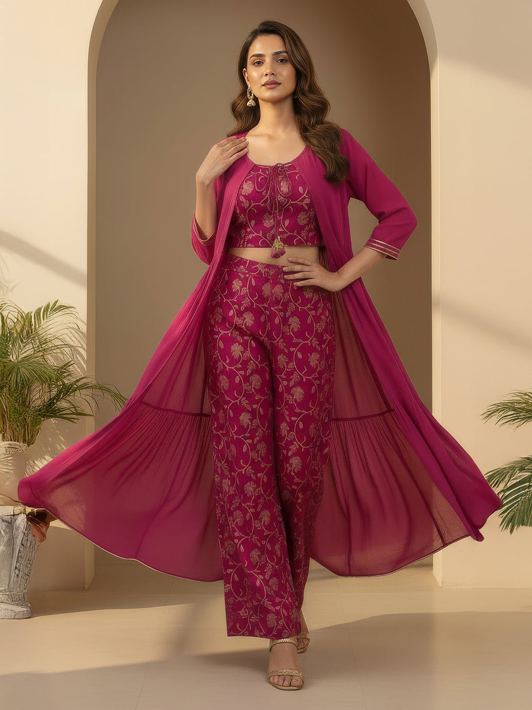 Janasya Magenta Crop Silk Blend Top,Bottom & Jacket - Dista