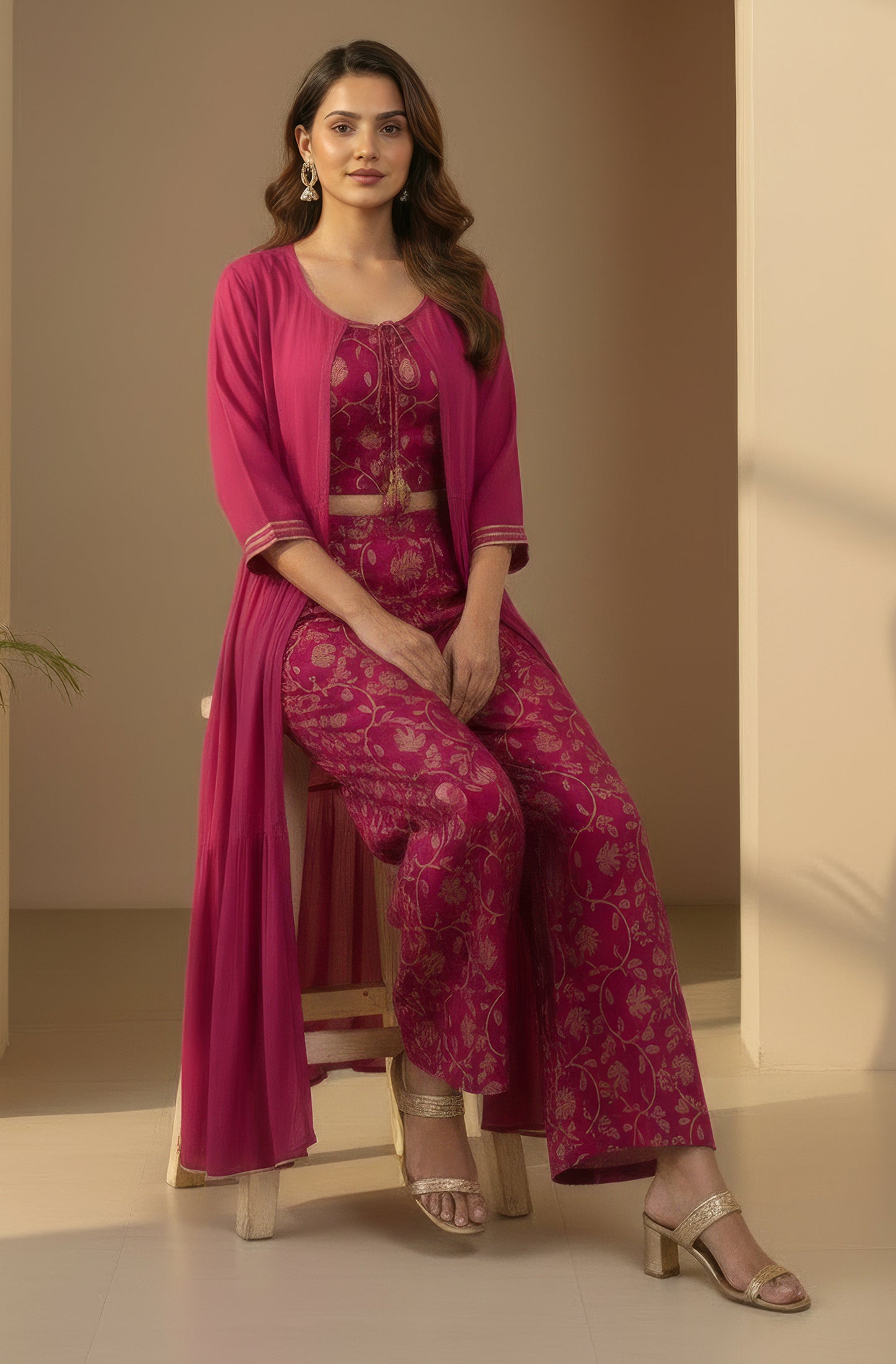 Janasya Magenta Crop Silk Blend Top,Bottom & Jacket - Dista