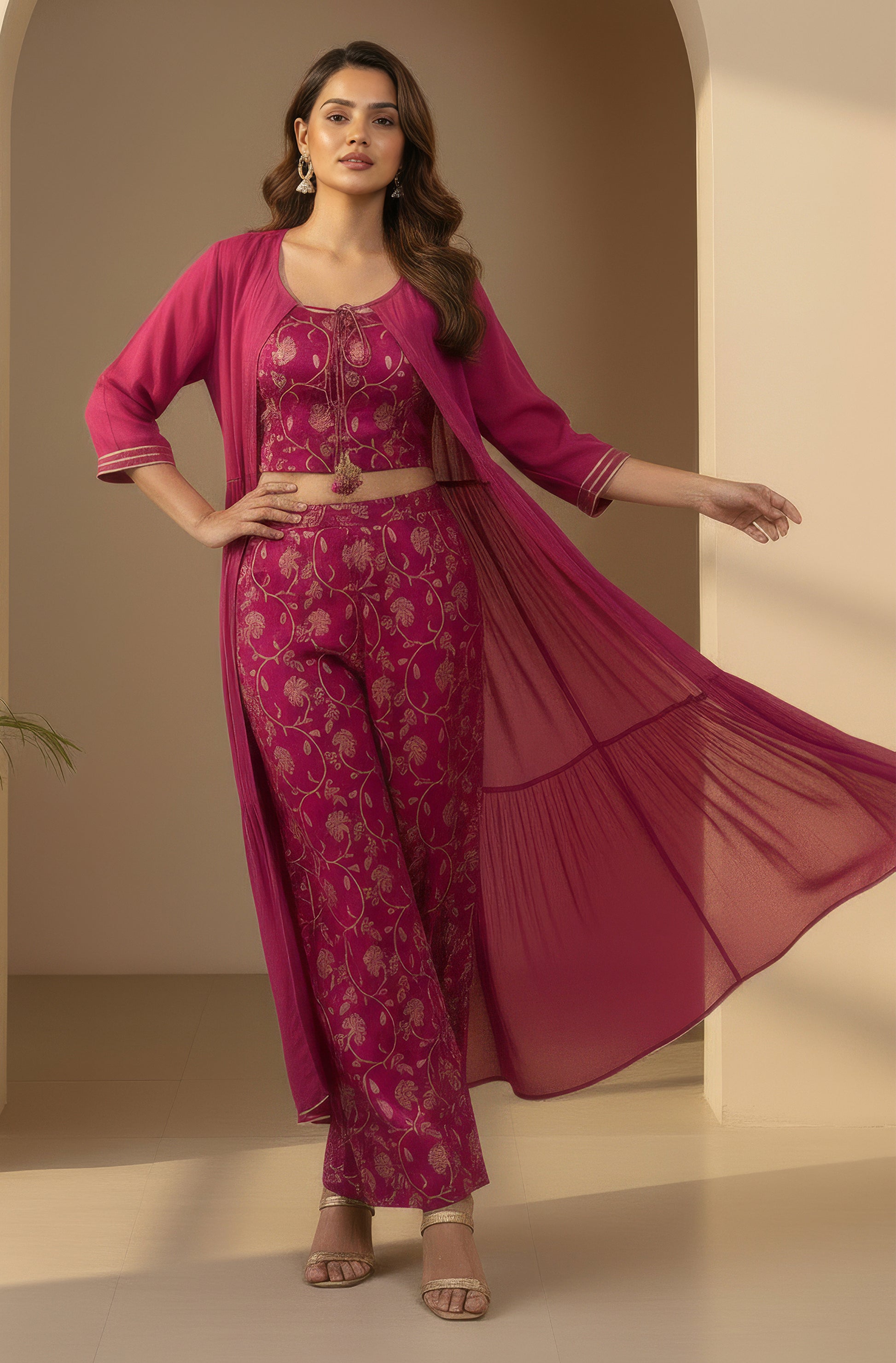 Janasya Magenta Crop Silk Blend Top,Bottom & Jacket - Dista