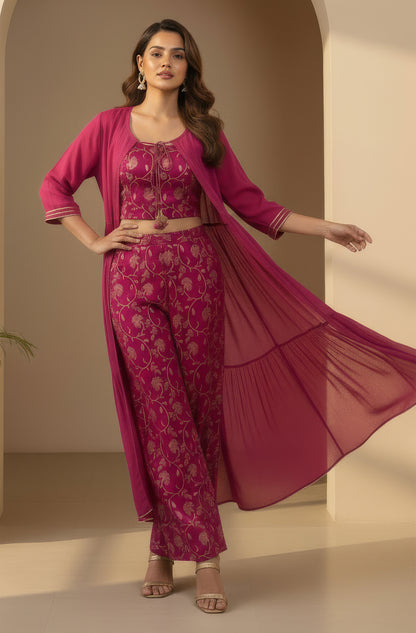 Janasya Magenta Crop Silk Blend Top,Bottom & Jacket - Dista