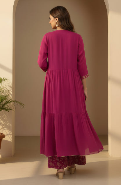 Janasya Magenta Crop Silk Blend Top,Bottom & Jacket - Dista