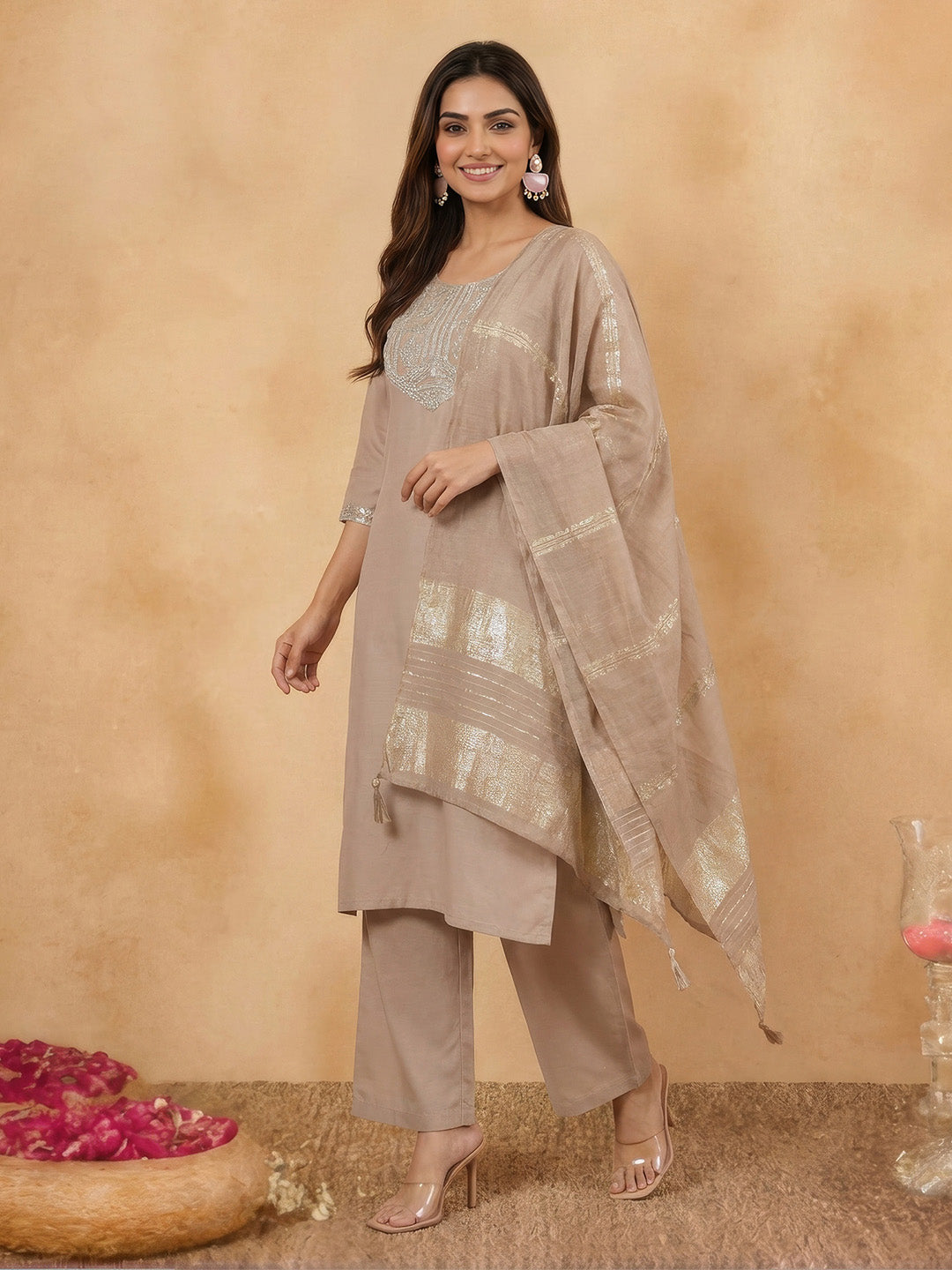 Janasya Beige Straight Cotton Blend Kurta,Bottom & Dupatta - Dista