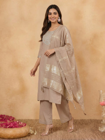 Janasya Beige Straight Cotton Blend Kurta,Bottom & Dupatta - Dista