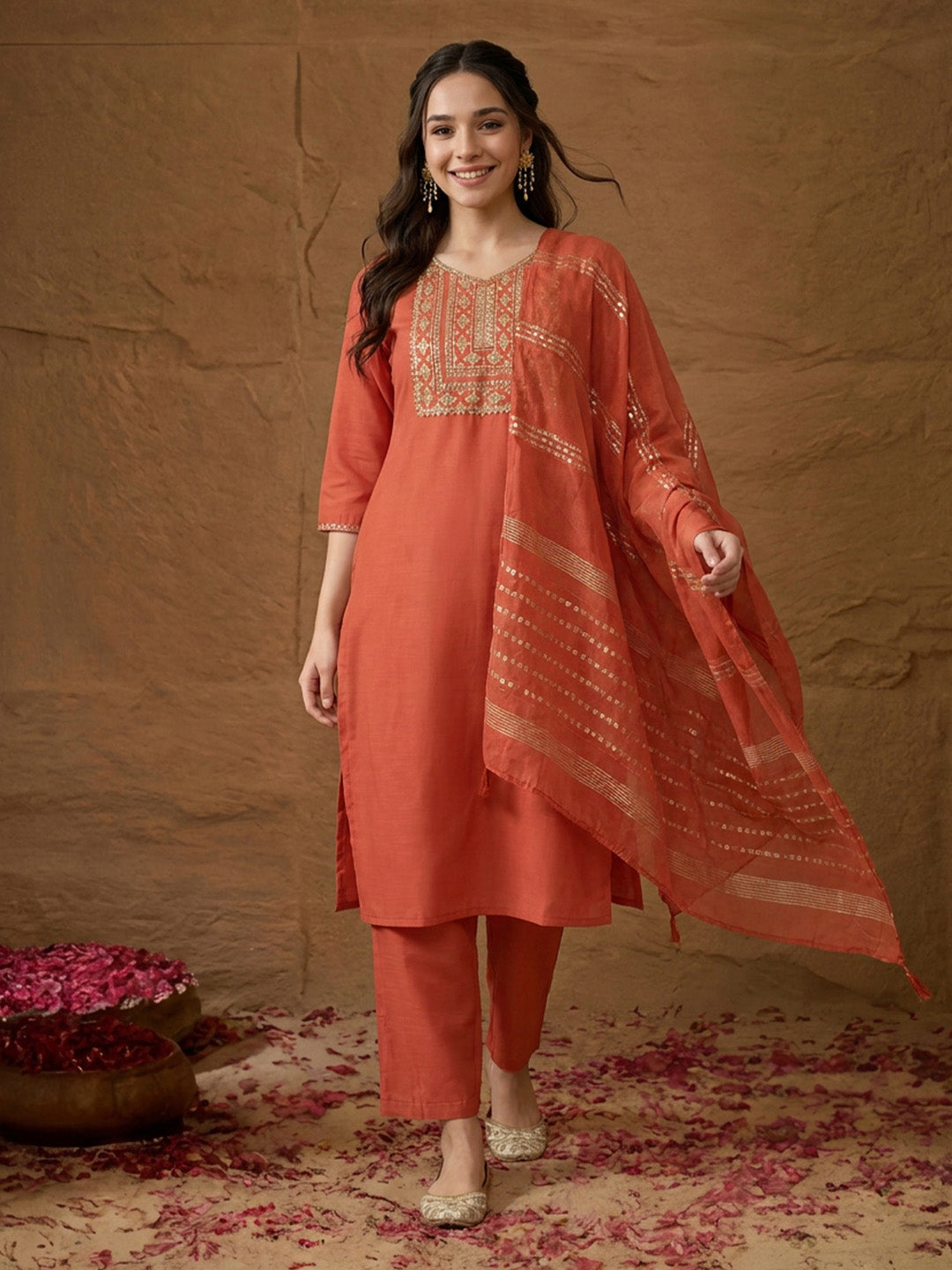 Janasya Rust Straight Cotton Blend Kurta,Bottom & Dupatta - Dista