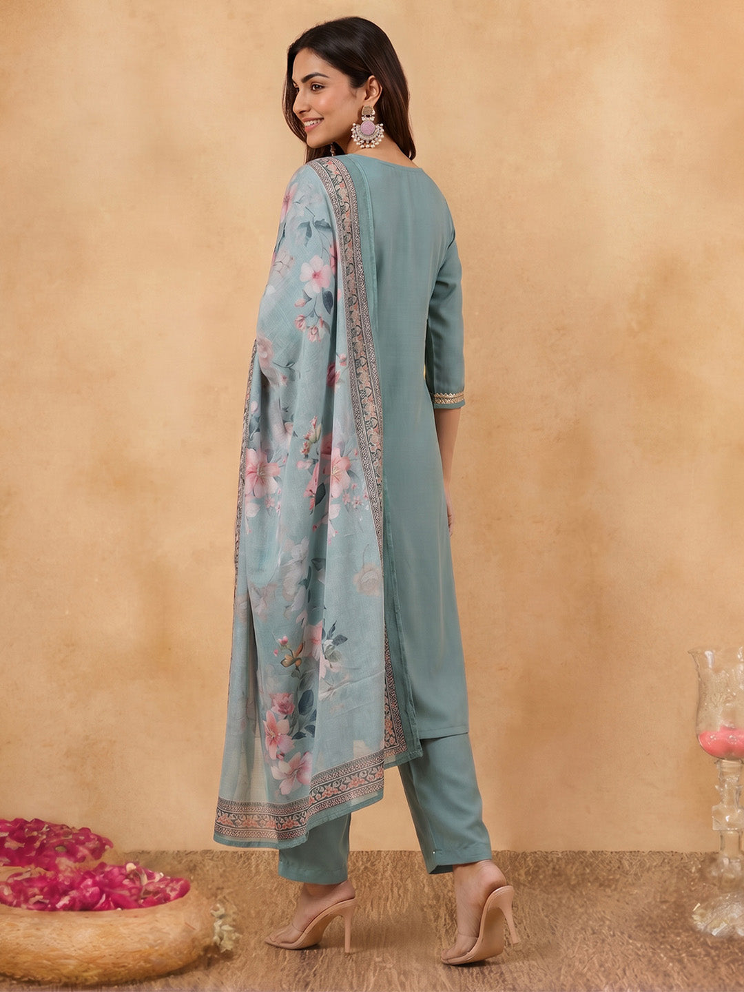 Janasya Sage Straight Rayon Top, Bottom & Dupatta - Dista