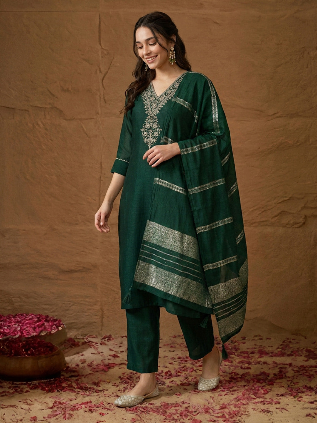 Janasya Dark Green Straight Silk Blend Kurta,Bottom & Dupatta - Dista