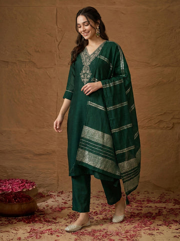 Janasya Dark Green Straight Silk Blend Kurta,Bottom & Dupatta - Dista