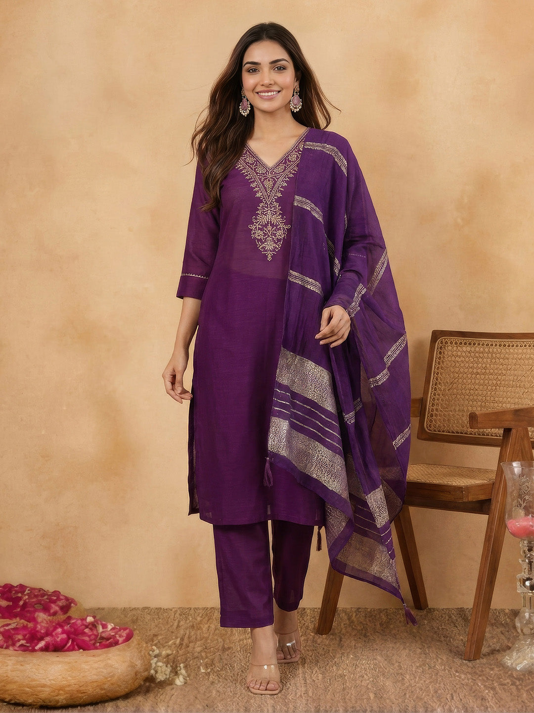 Janasya Purple Straight Silk Blend Kurta,Bottom & Dupatta - Dista