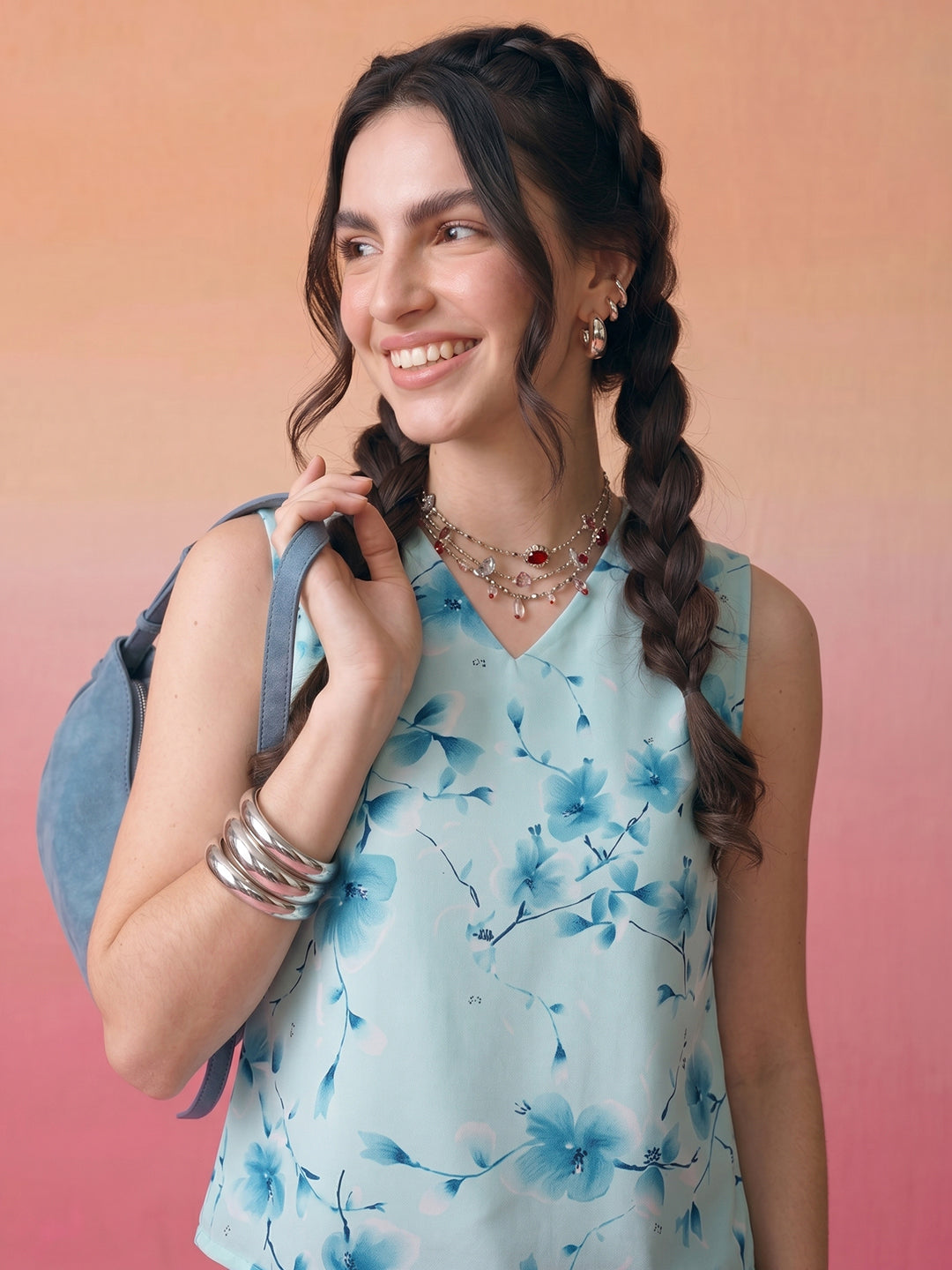 Janasya Sky Blue Straight Crepe Top - Dista
