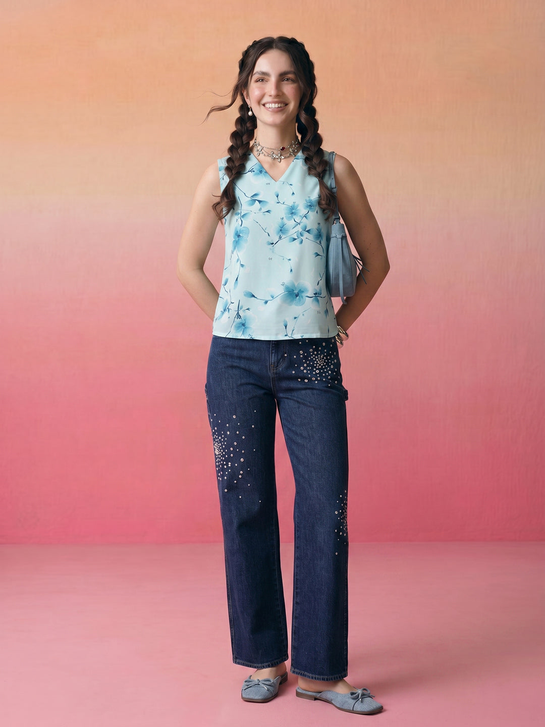 Janasya Sky Blue Straight Crepe Top - Dista