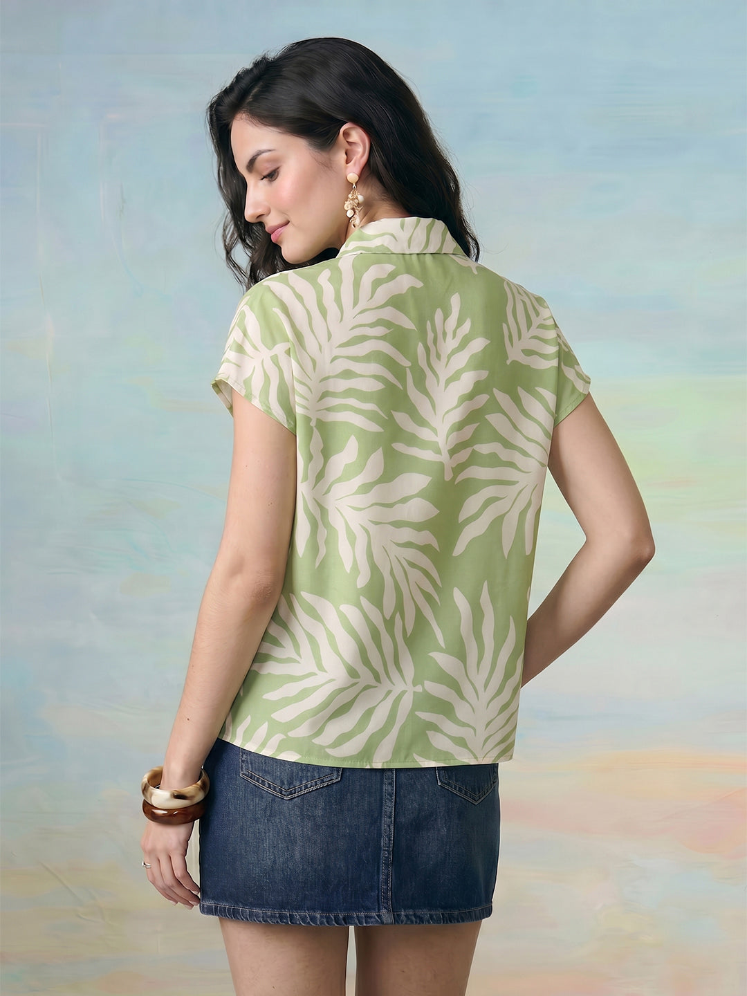 Janasya Green Shirt Style Rayon Blend Top - Dista