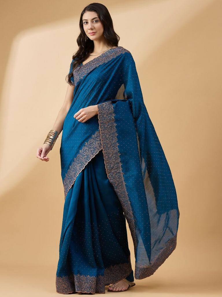 Blue Silk Blend Embroidered Saree with Unstitched Blouse - Vairagi - Distacart