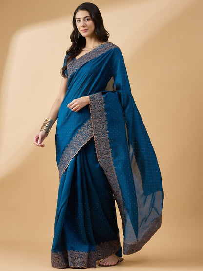 Blue Silk Blend Embroidered Saree with Unstitched Blouse - Vairagi - Distacart