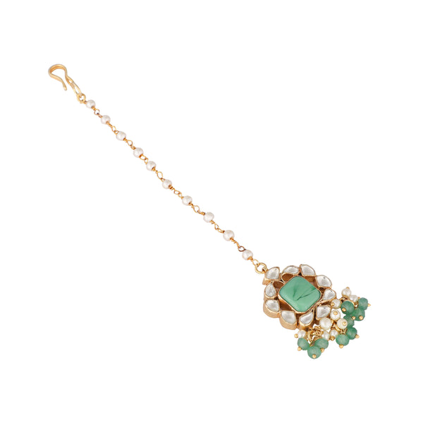 Nuyug 22K Gold-Plated Kundan & Green Stone Embellished Maang Tikka Head Jewellery