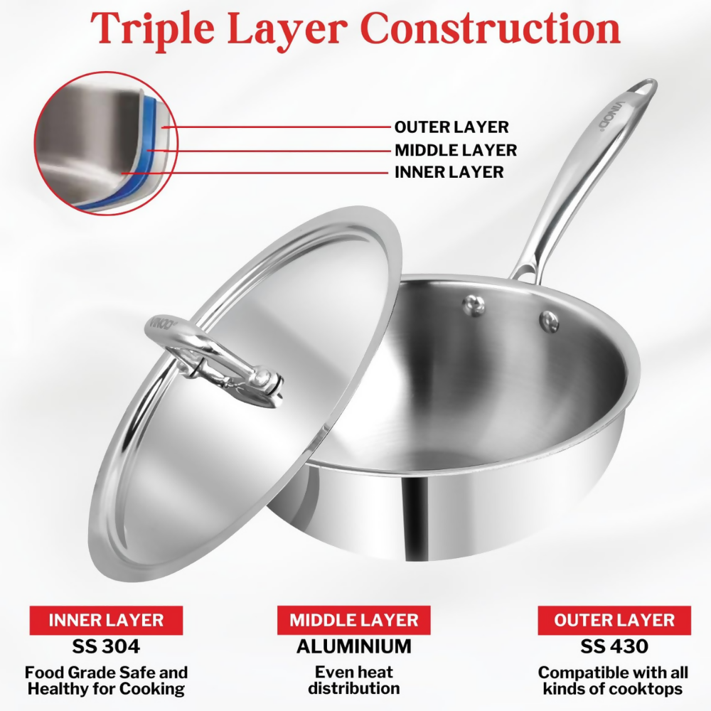 Vinod Platinum Triply Stainless Steel Deep Frying Pan with Lid - Dista