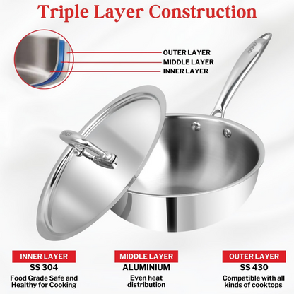 Vinod Platinum Triply Stainless Steel Deep Frying Pan with Lid - Dista