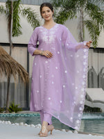 Thumbnail for The52 Lavender Women's Beautiful Thread work Rayon Fabric with Straight Kurta, Pant and Dupatta Set - Distacart