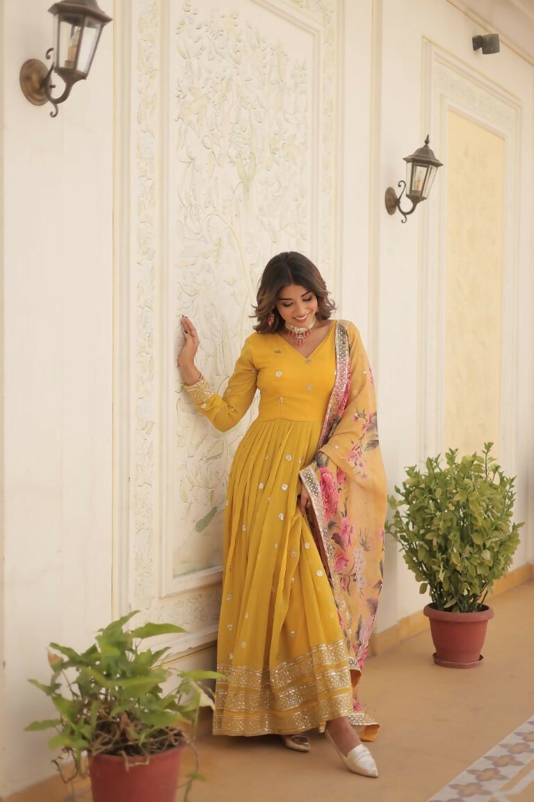 Aastha Fashion Women's Yellow Faux Georgette Embroidery Zari Sequins-work Gown with Dupatta - Distacart